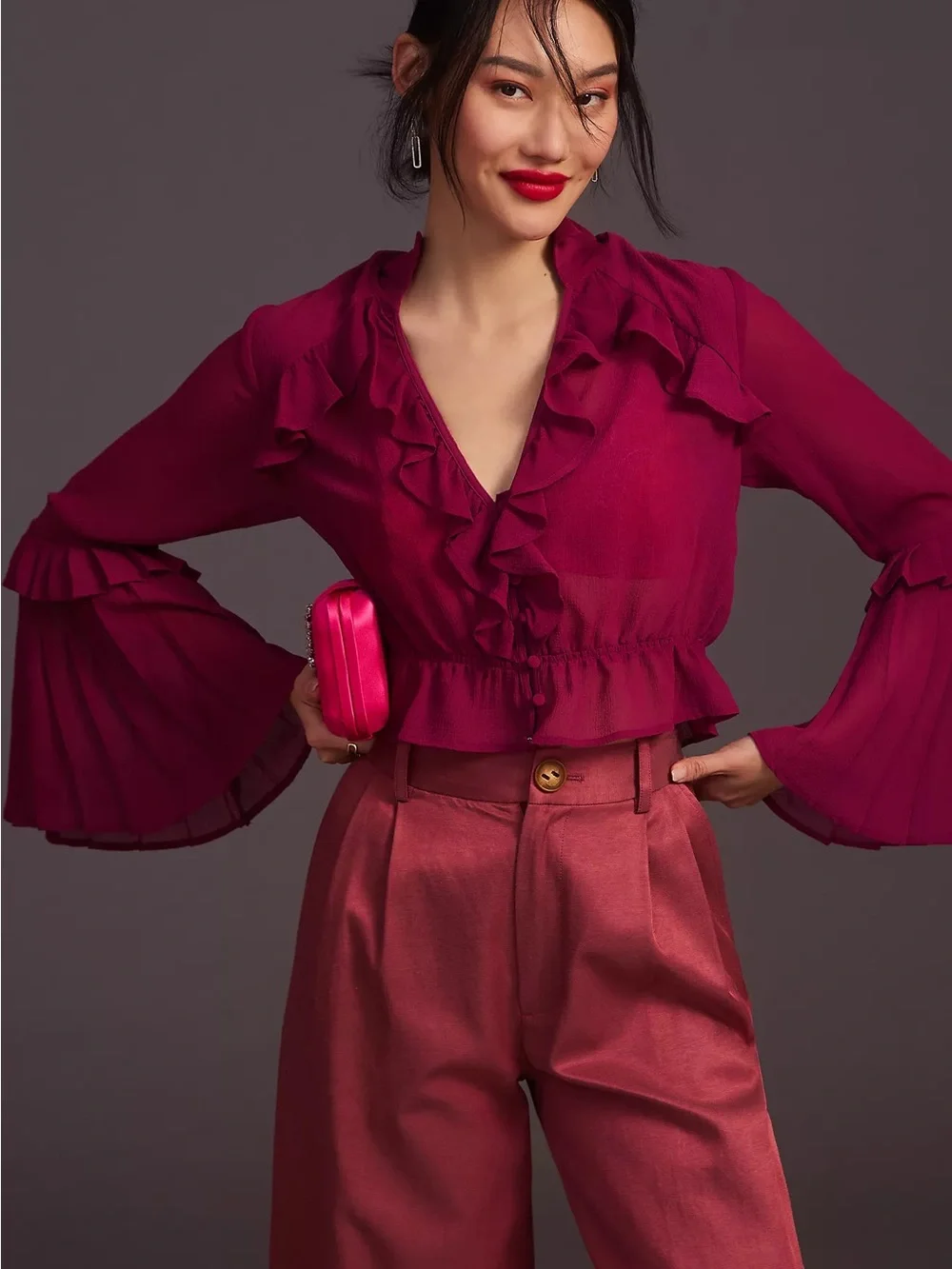 Anthropologie Sheer Ruffles V-Neck Blouse with Flare Sleeves and Fabric Buttons - Picture 1 of 7